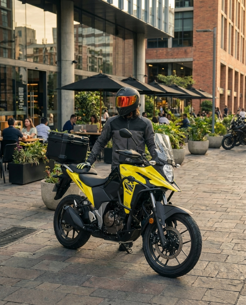 VStrom 250 en ciudad con accesorios