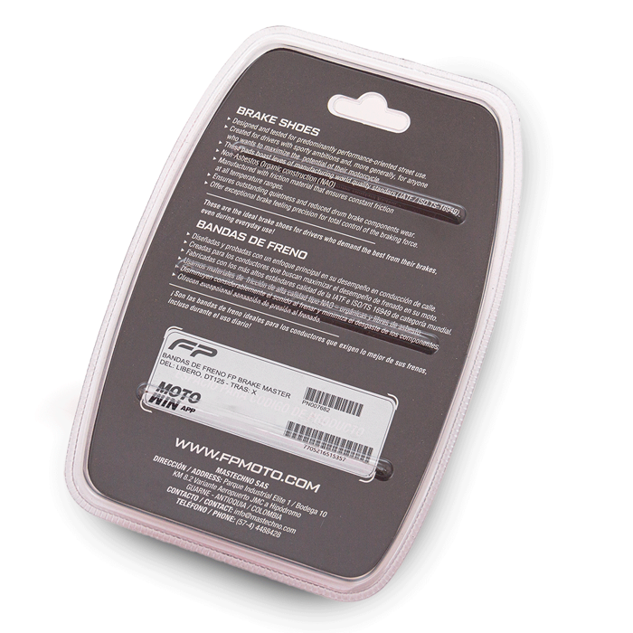 BANDAS DE FRENO FP BRAKE MASTER DEL: LIBERO, DT125 - TRAS: X, Bandas de freno. Bandas para moto. Zapata de freno para moto. Kit de pastillas de freno moto. Juego de pastillas de freno moto. Kit de Zapata de freno moto. Juego de Zapata de freno moto