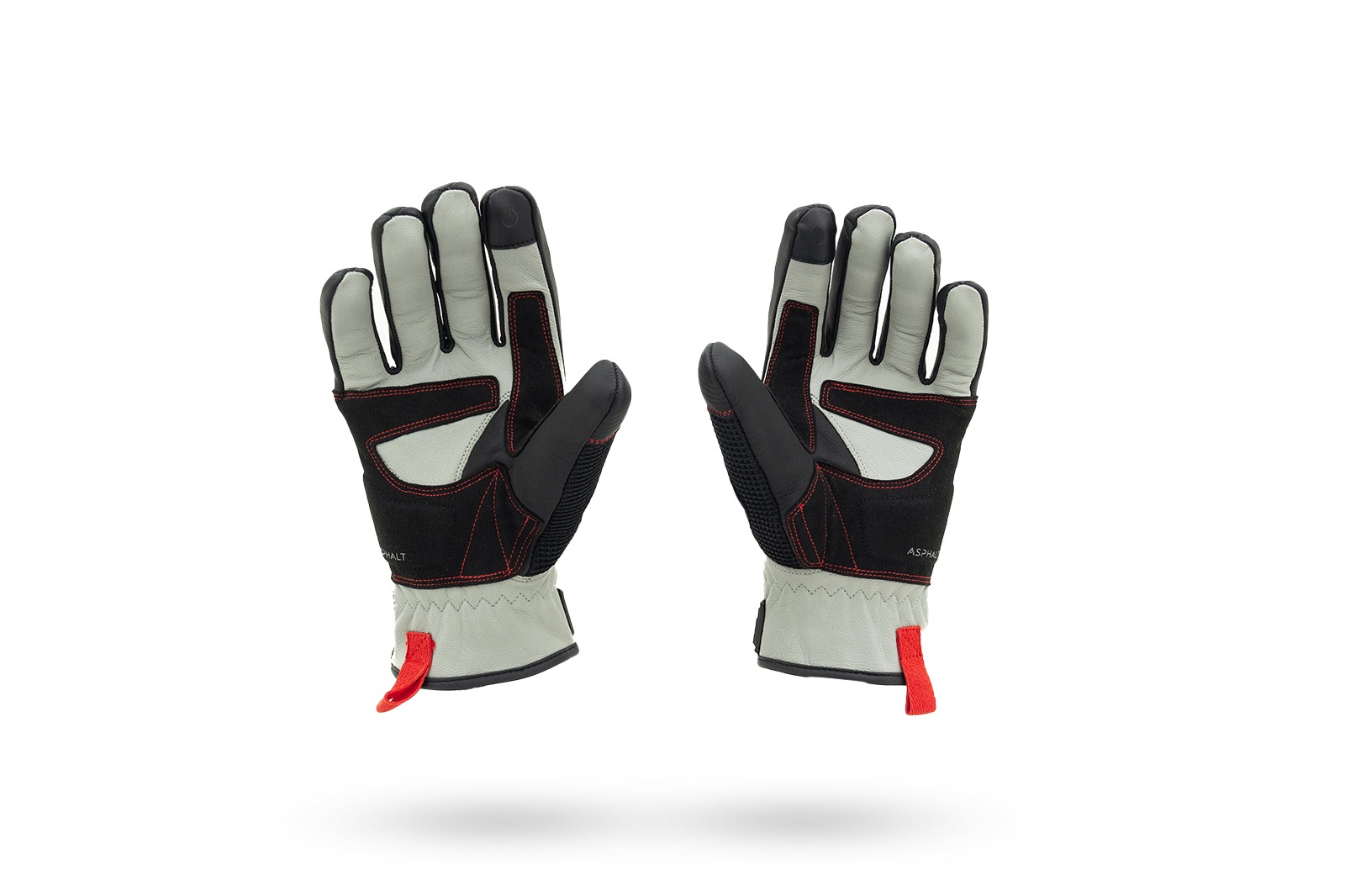Detalle de dedos del guante Asphalt Gris con costuras rojas y material compatible con pantalla táctil.