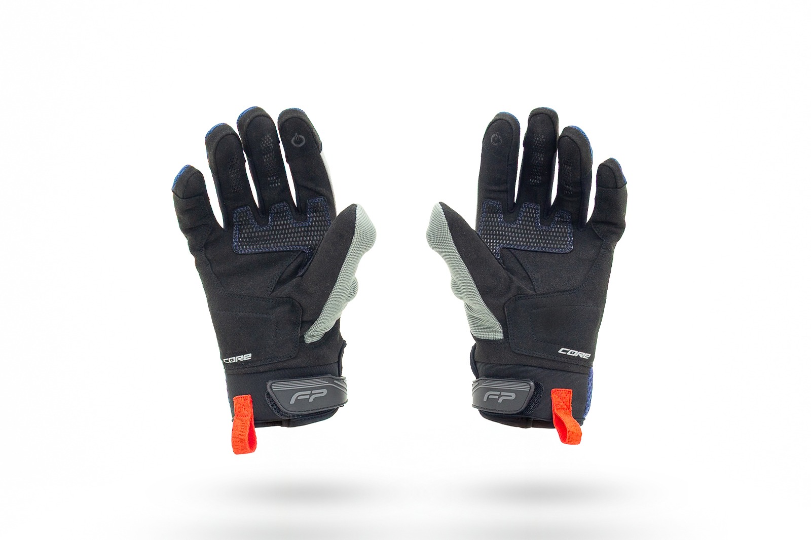 Vista frontal y posterior de guantes Core azul navy ventilados para motociclista, con lengüeta roja de ajuste
