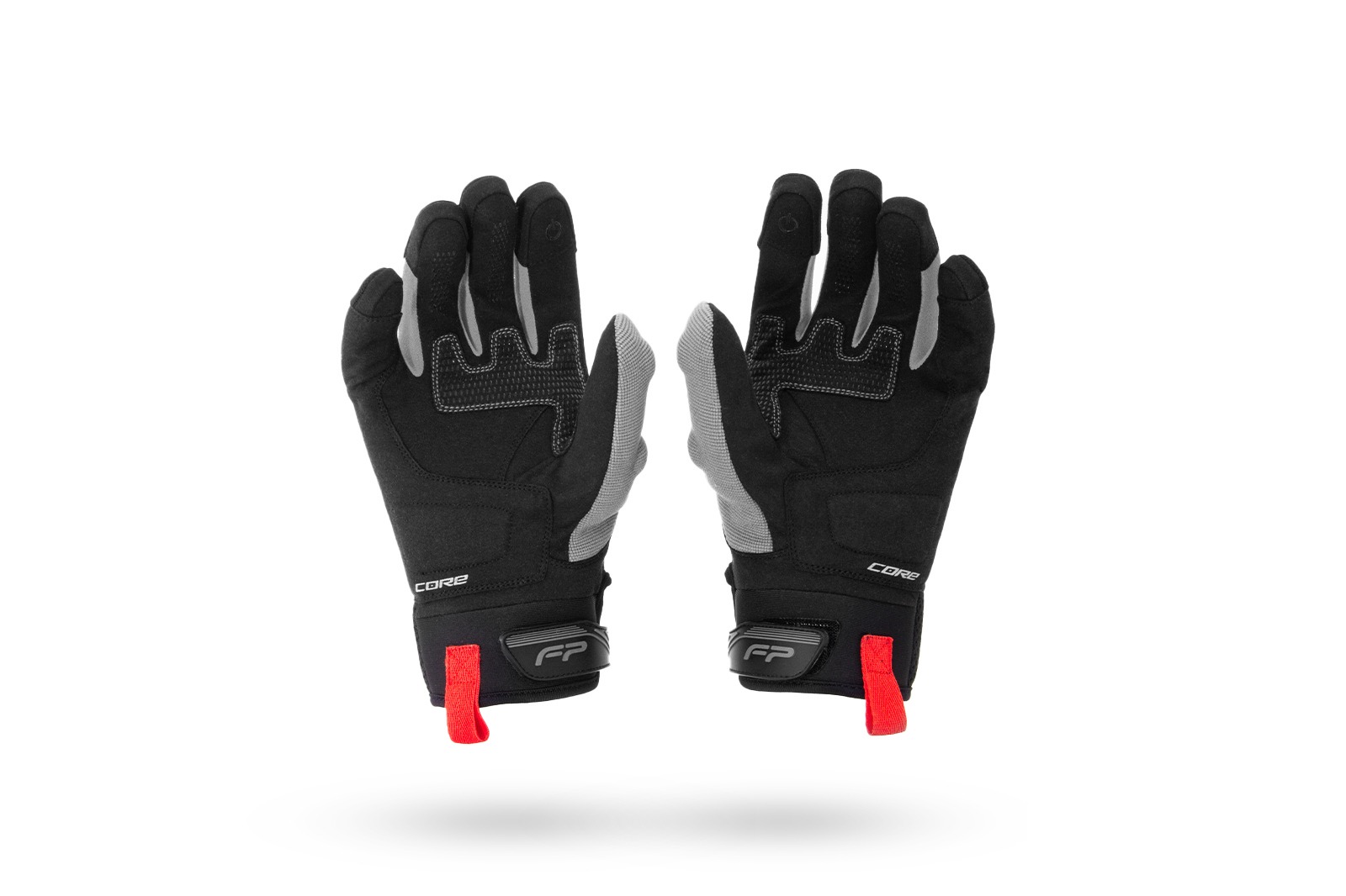 Vista frontal y posterior de guantes Core grises ventilados para motociclista, con lengüeta roja de ajuste