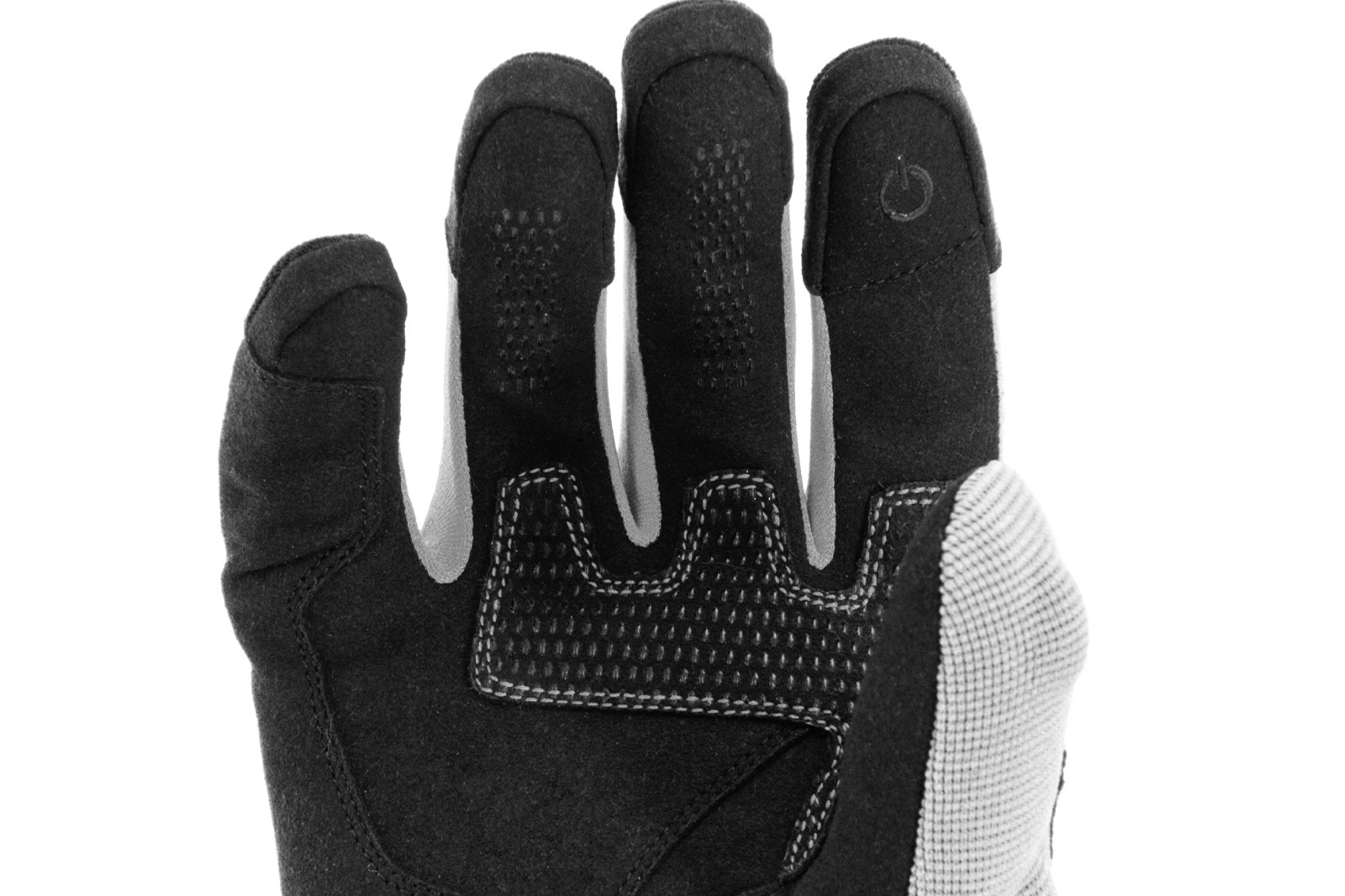 Detalle de palma de guantes Core grises para moto, material antideslizante y resistente al desgaste