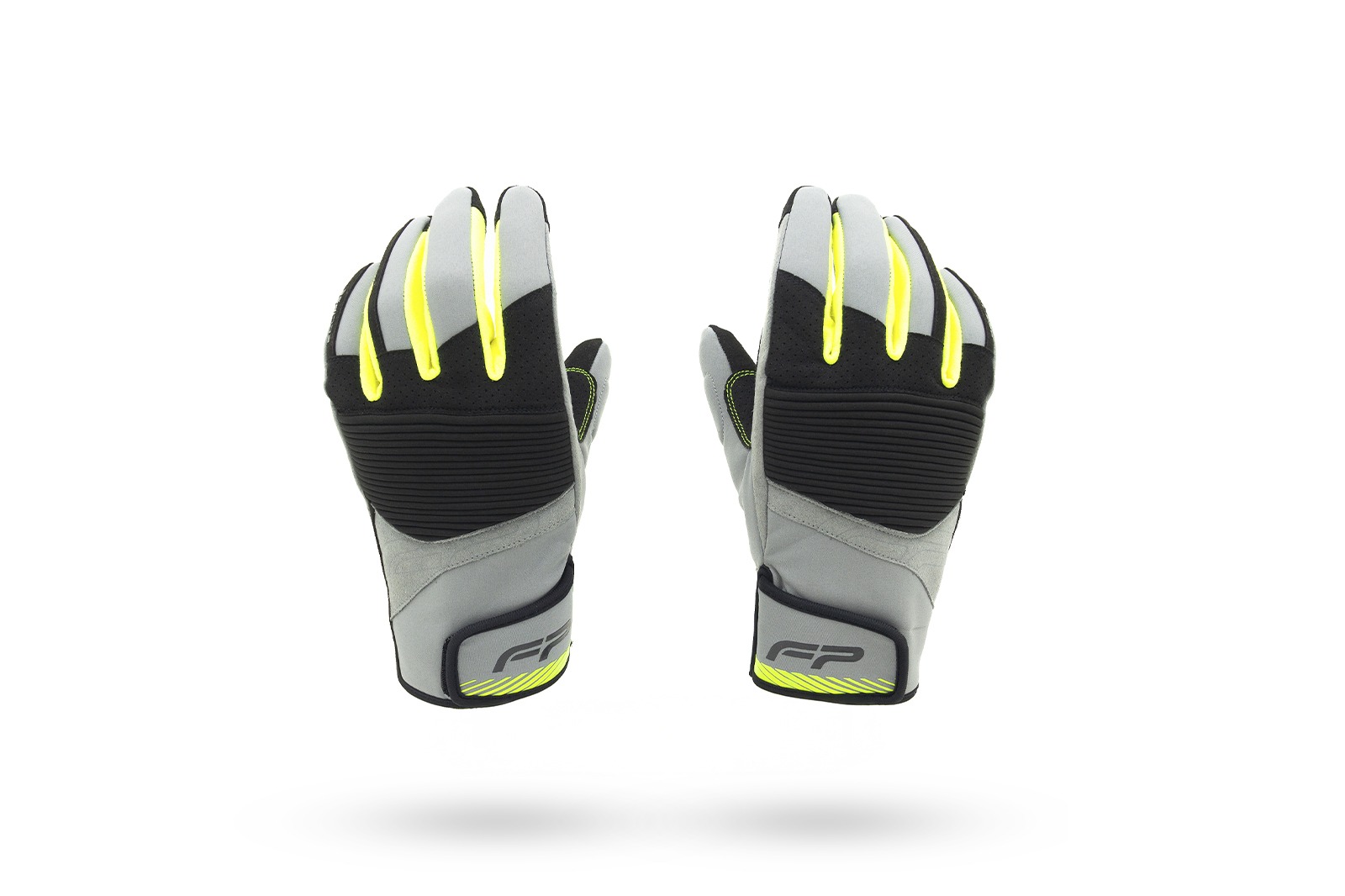 dorso de guantes de moto deportivos en color negro con gris y neón