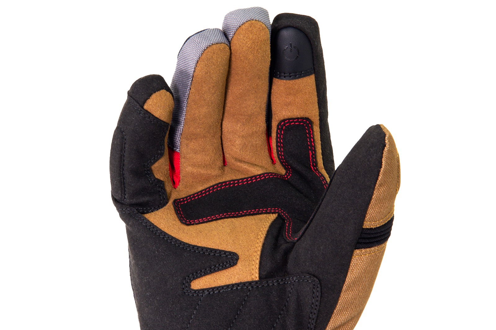 Guante Maverick Tobacco con palma en cuero sintético color café, costuras visibles y dedo táctil