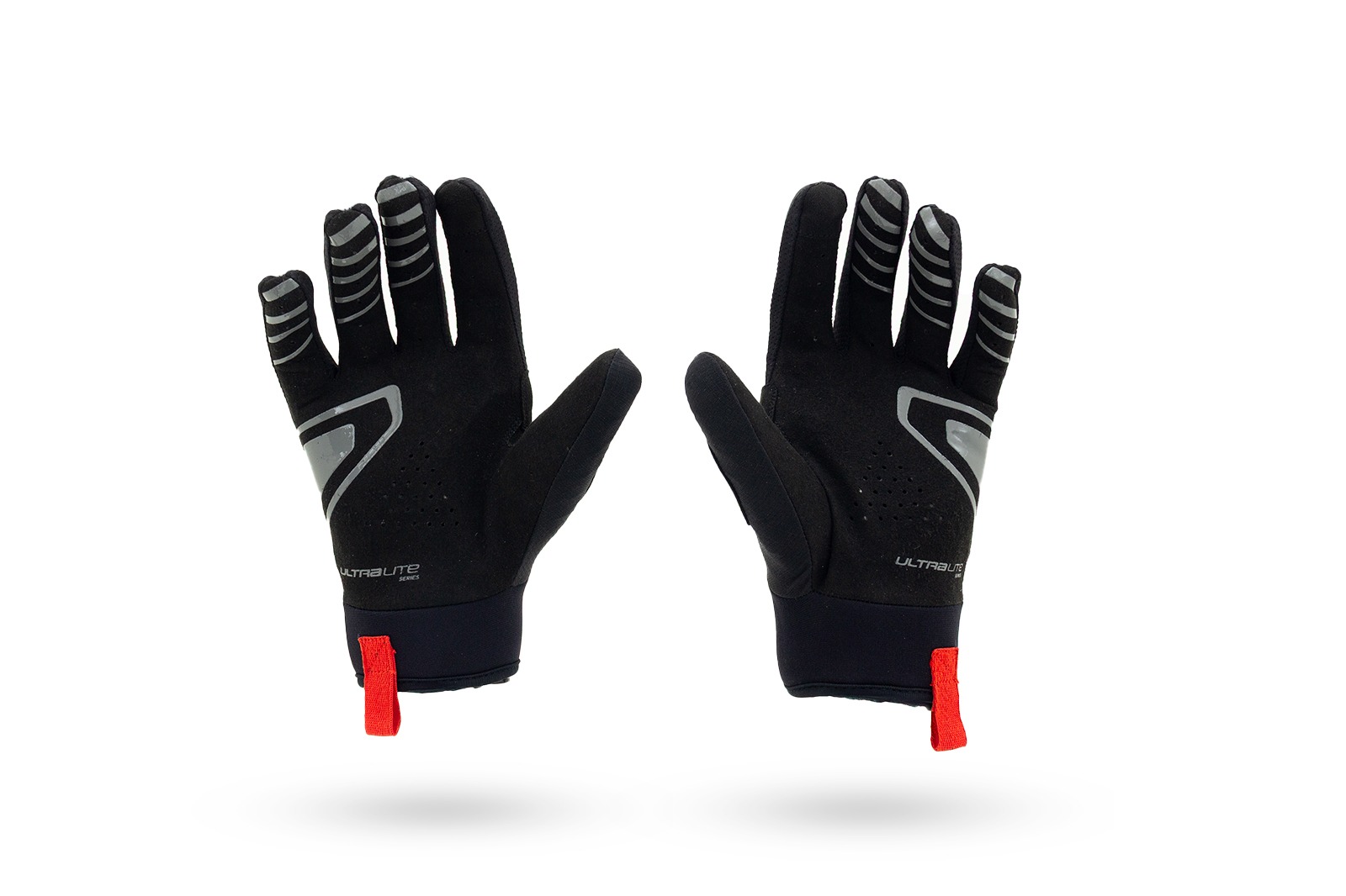 Vista trasera de guantes de moto Ultralight negros, reforzados y transpirables, perfectos para aventura y motocross