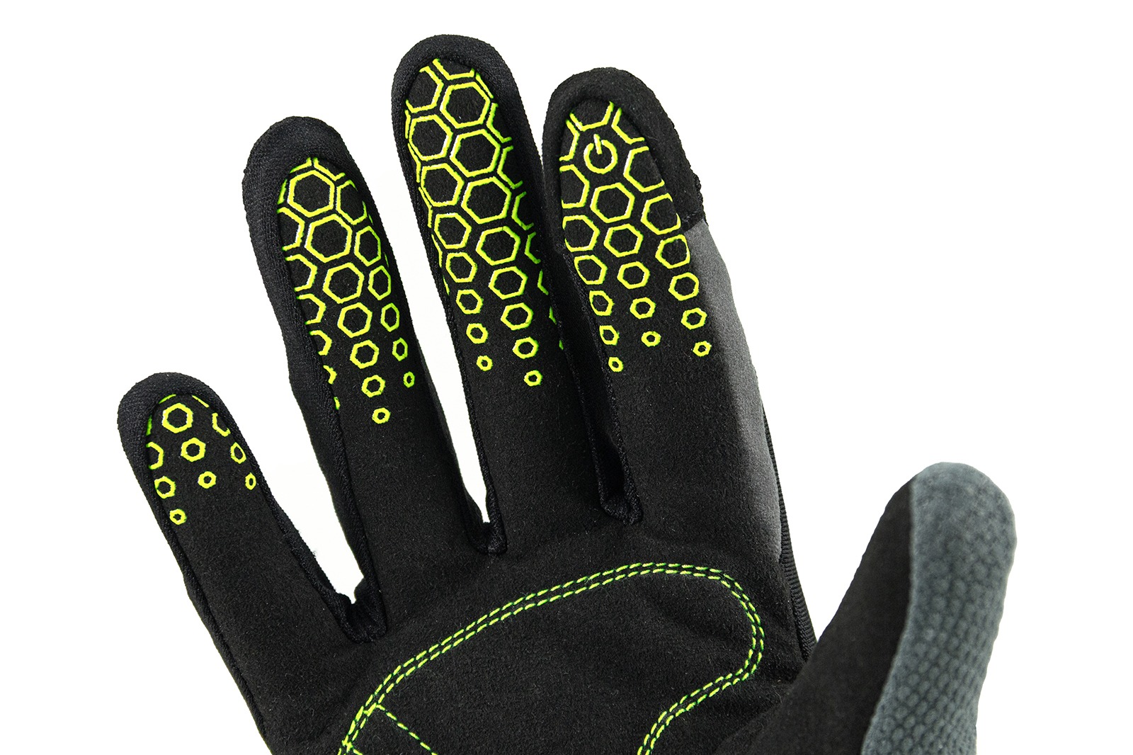 Detalle de dedos de guantes Verona Neon dama, con silicona antideslizante que brinda agarre seguro en el manillar