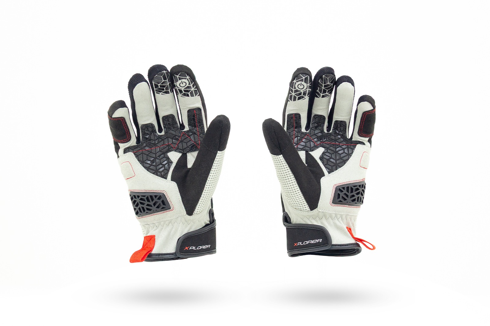 Guantes Xplorer gris para moto en vista trasera flotante, palma con refuerzos y agarre extra