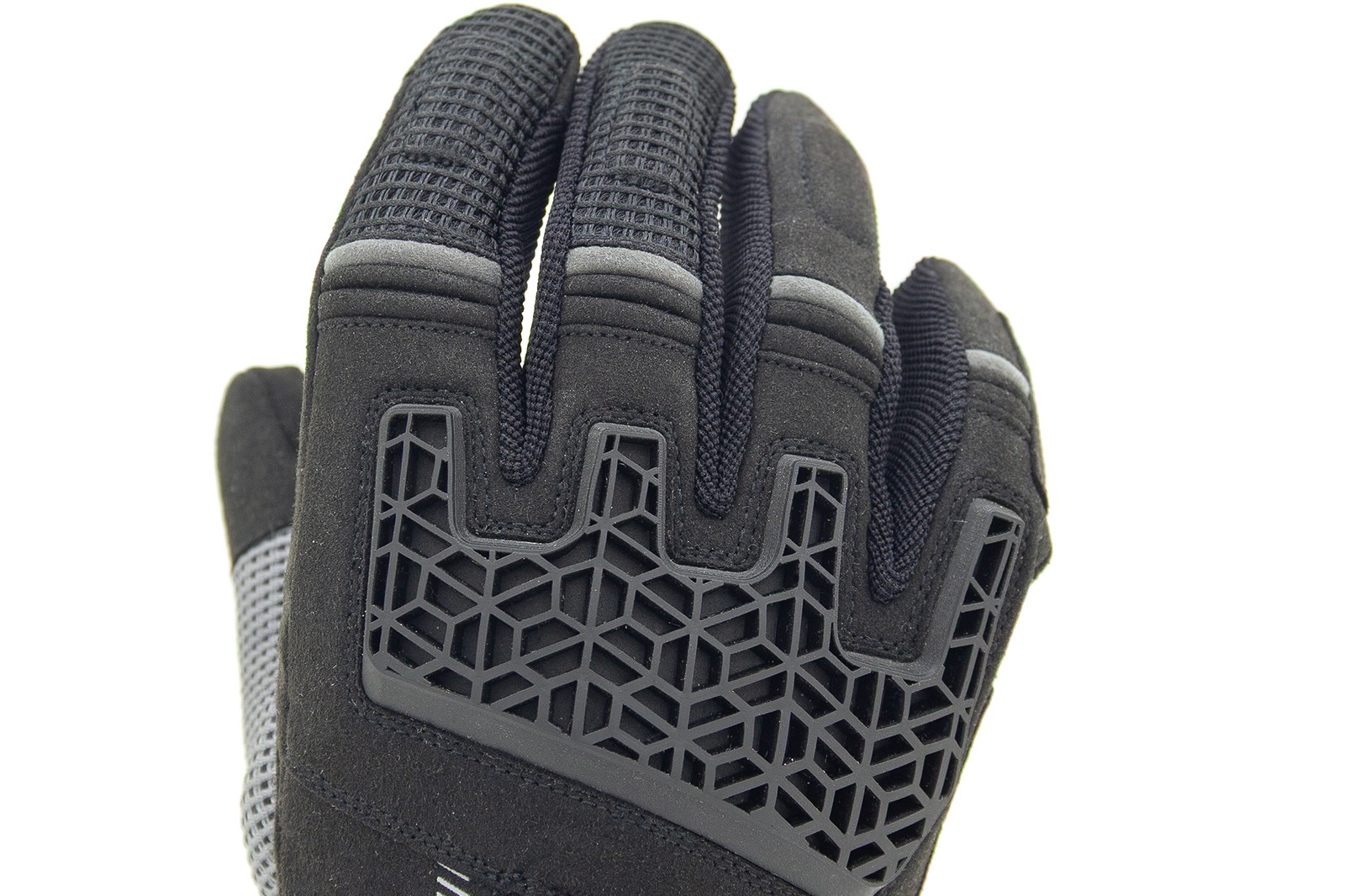 Detalle de palma de guantes Xplorer negros para moto, con refuerzos y excelente agarre