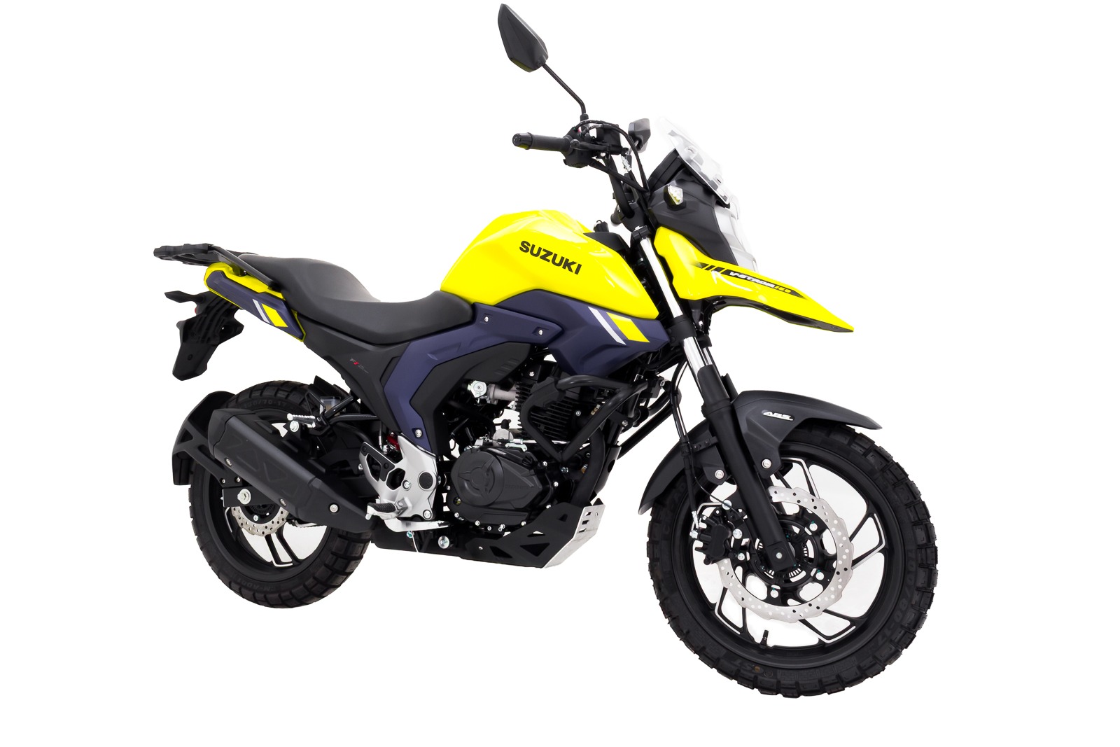 Protector de cárter FP instalado en Suzuki V-Strom 160, ideal para rutas off-road y protección total del motor