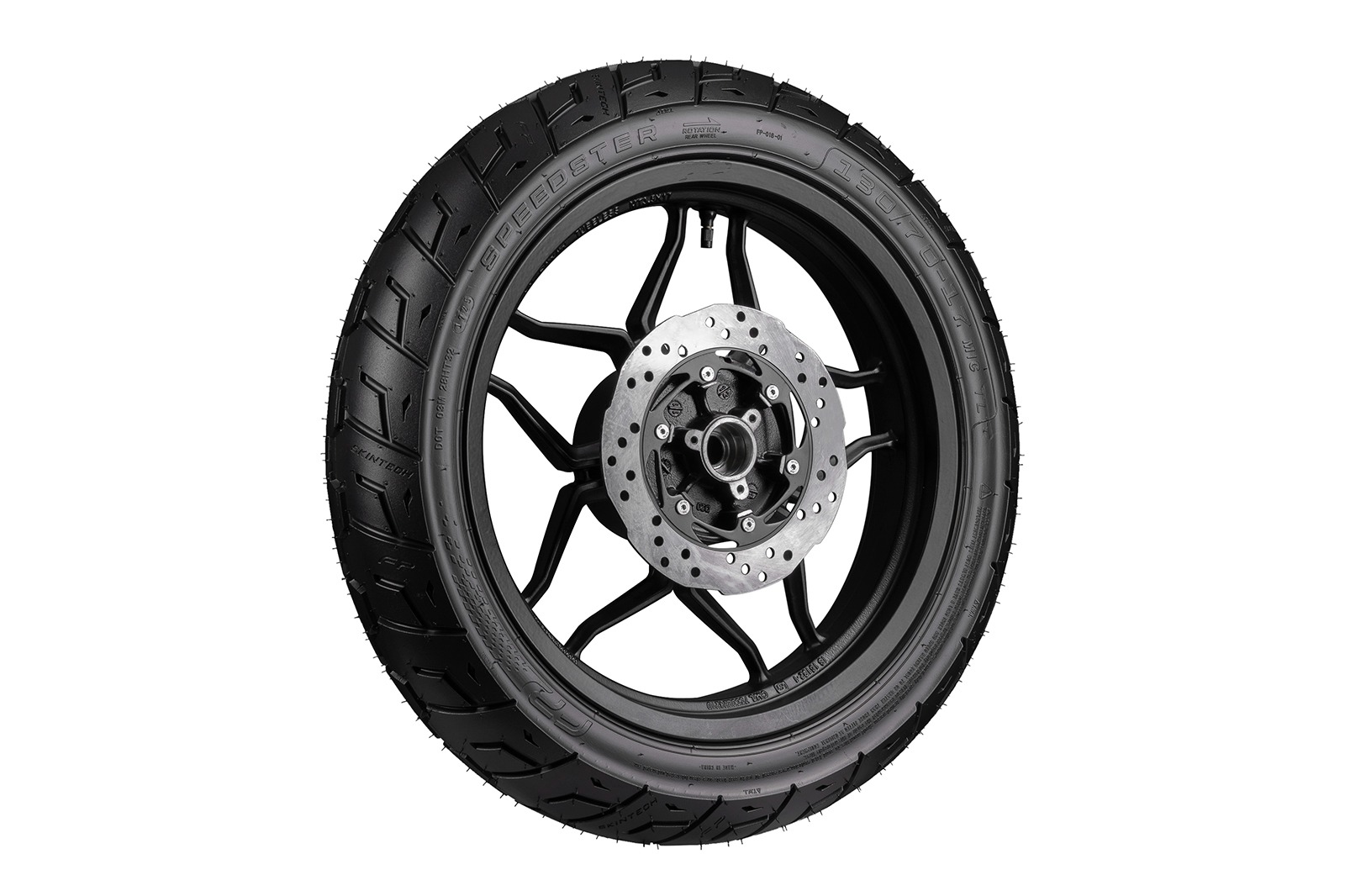 Vista superior de la llanta SPEEDSTER 130/70-17 TL montada en rin negro