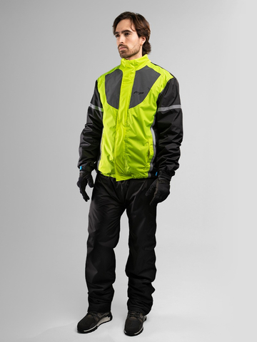 Vista frontal del impermeable para moto Cyclone Neón con reflectivos
