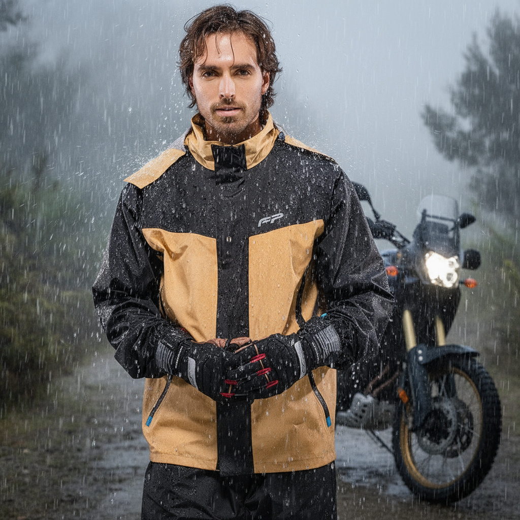 hombre con barba con impermable para moto