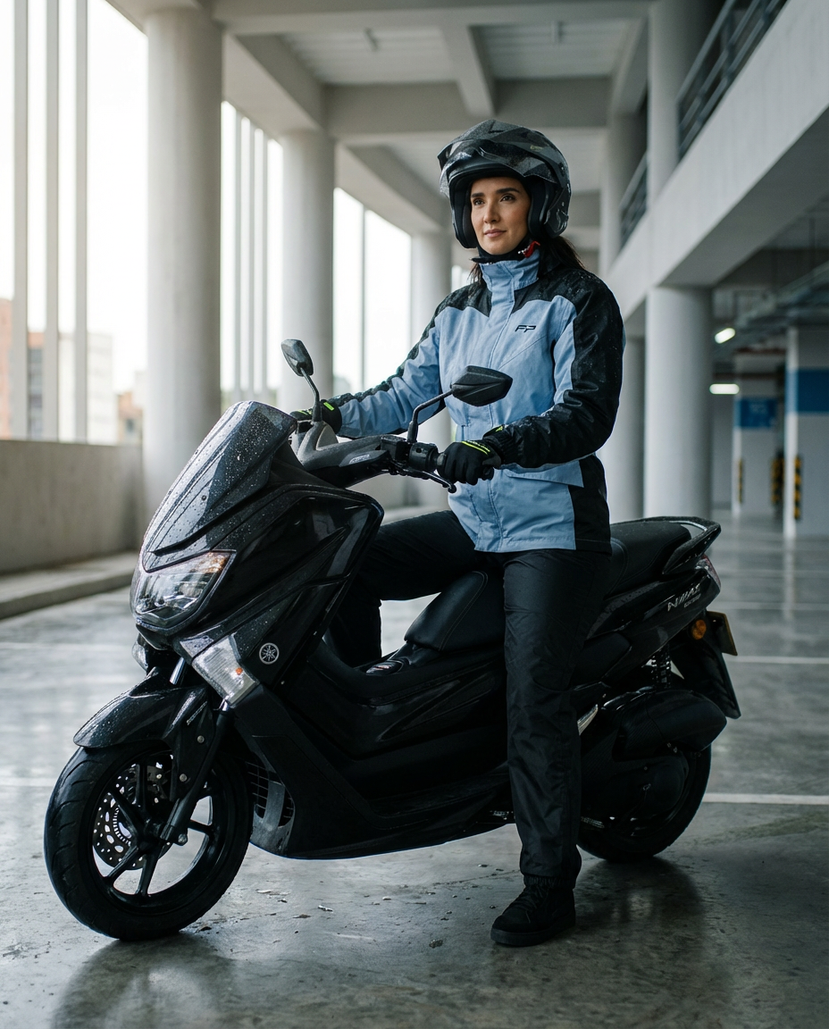 NMax con mujer usando chaqueta impermeable azul claro FP