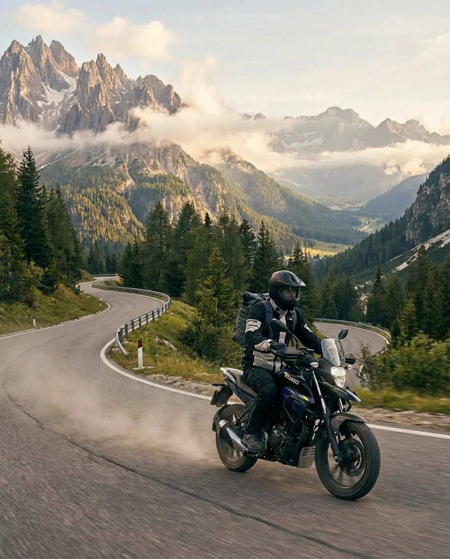 Suzuki VStrom 160 negra en carretera con defensa