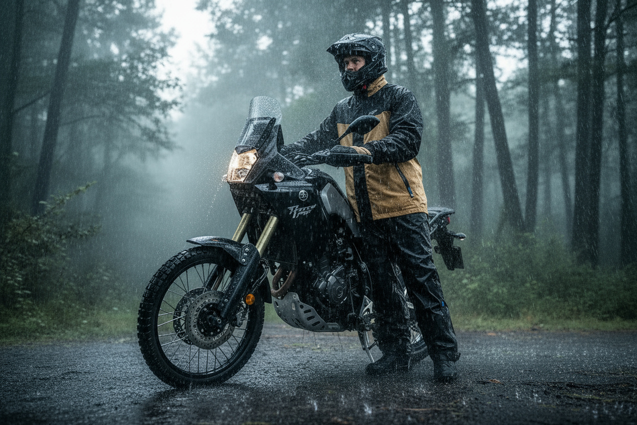 Motociclista bajo la lluvia con chaqueta impermeable