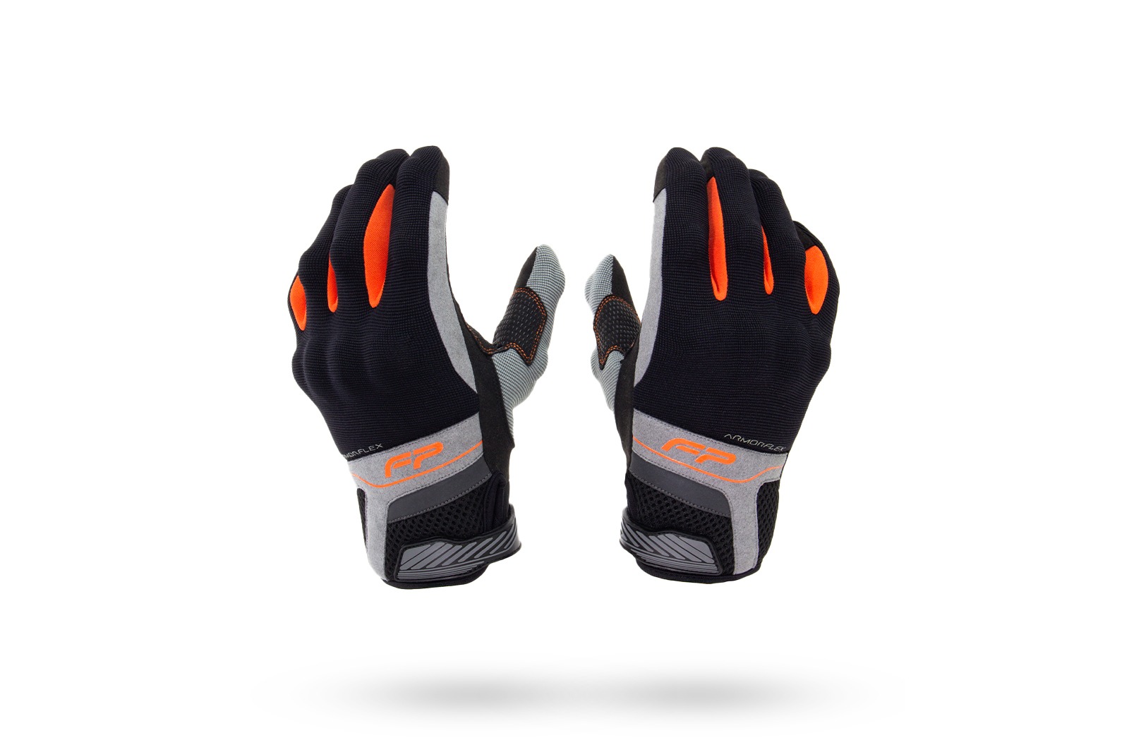 Guantes Core negros con detalles naranja para moto, cortos y ventilados, con refuerzos en palma y dedos