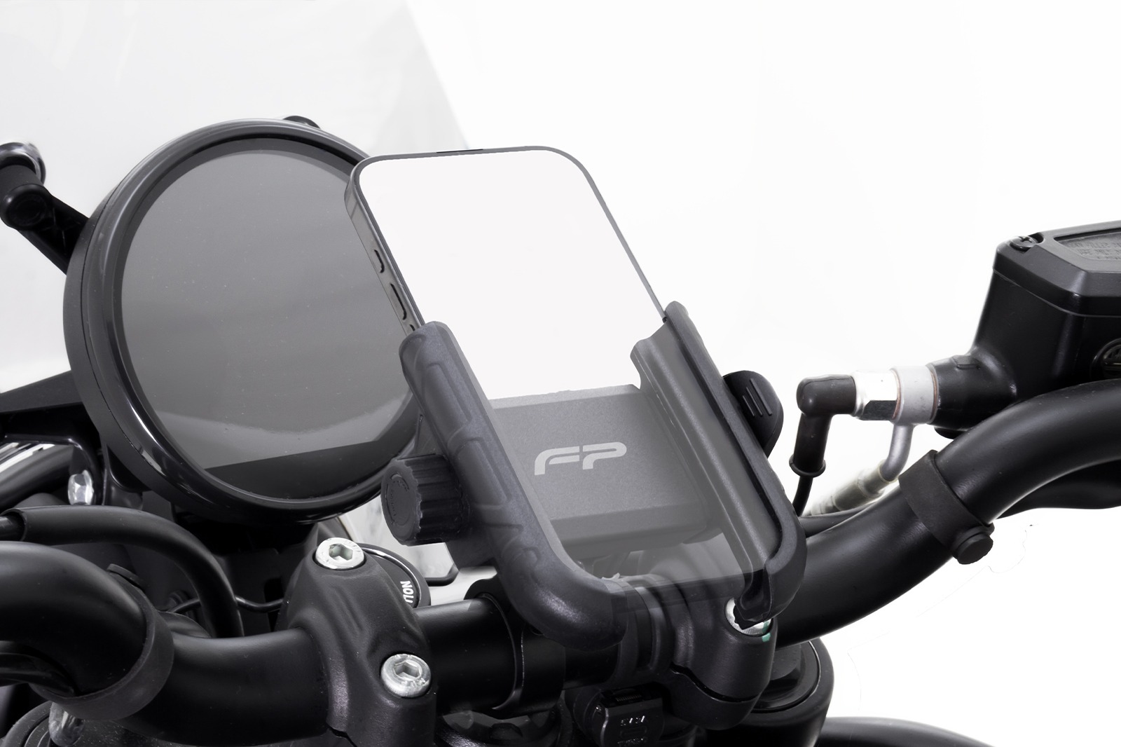 Porta Celular FP Ultra instalado en manubrio de moto